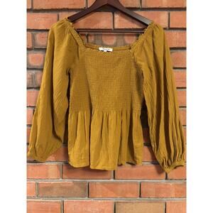 Madewell Lucie Smocked Peplum Top Mustard Brown size 0